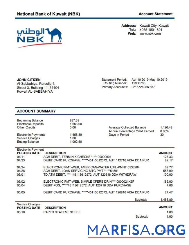 Printable Kuwait, National Bank of Kuwait (NBK) bank statement word download for verification
